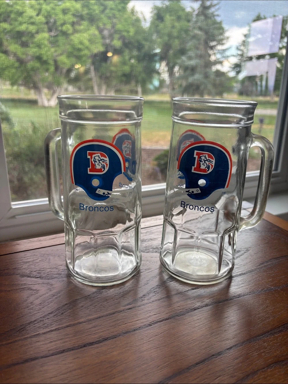 Vintage Denver Broncos Glass Beer Mug - Clear Glass with Blue & Orange Helmet